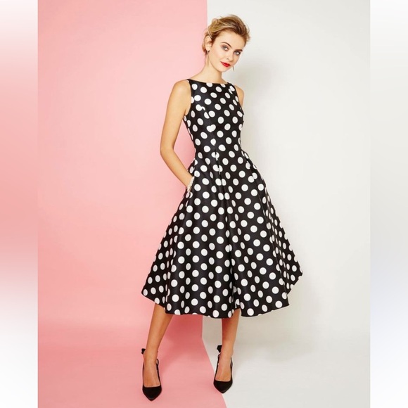 Adrianna Papell Black and White Polka Dot Midi Dress - Picture 1 of 10